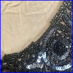 Vintage NAEEM KHAN RIAZEE Embellished Bead Silk Fringe Black Cocktail Dress Sz10