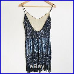 Vintage NAEEM KHAN Riazee Silk Beaded Fringe Backless Art Deco Slip Dress Sz 10