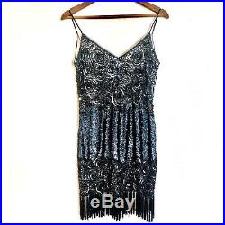 Vintage NAEEM KHAN Riazee Silk Beaded Fringe Open Back Art Deco Slip Dress Sz 10