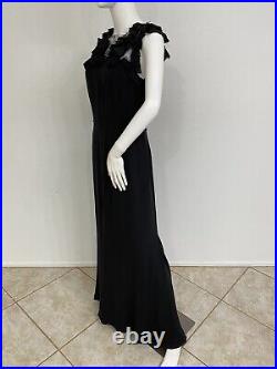 Vintage Nina Ricci Black Silk Column Bias Cut W Chantilly Gown Made France FR40