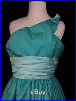 Vintage One Shoulder Long Formal Prom Dress Teal Blue Full Tulle Slip XS Pagent