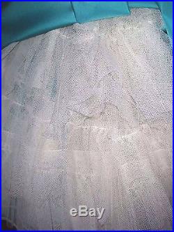 Vintage One Shoulder Long Formal Prom Dress Teal Blue Full Tulle Slip XS Pagent