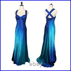 Vintage Onyx Nites Prom Dress Formal Gown Maxi Ombre Satin Slip Y2K Blue 8 Flaw