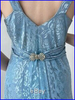 Vintage Original 1930s Sky Blue Silk Jacquard Slip Dress, Rare Vintage, Size M