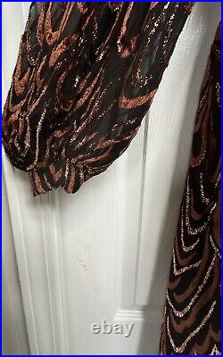 Vintage Oscar De La Renta SZ 6 Black Silk Chiffon Copper Flocked Metallic