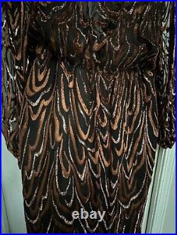 Vintage Oscar De La Renta SZ 6 Black Silk Chiffon Copper Flocked Metallic