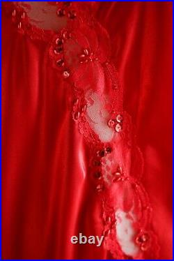 Vintage Patricia Lingerie Red Sexy Satin Long Slip Dress w Lace Trim SZ LArge