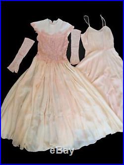 Vintage Pink Lace Dance Dress With Slip & Lace Gloves With Provenance c. 1950