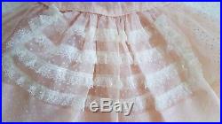 Vintage Pink Swiss Dot Sheer Lace Ruffle Party Dress with Slip & Detachable Bib