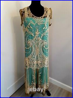 Vintage RARE 1919-22 Lace Net Metallic Evening Dress & Silk Slip