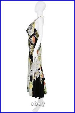 Vintage Roberto Cavalli Black & Yellow Floral Print Silk Slip Dress With Chains