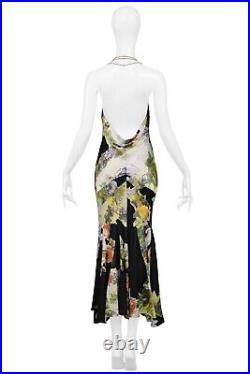 Vintage Roberto Cavalli Black & Yellow Floral Print Silk Slip Dress With Chains
