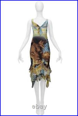 Vintage Roberto Cavalli Lion Print Dress With Chiffon Ruffles