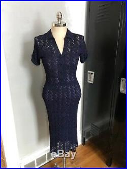 Vintage SAKS FIFTH AVE ribbon knit DRESS (Sz. 4/S) Blue with purple slip 50's