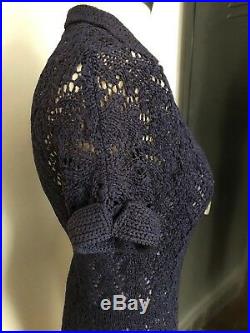 Vintage SAKS FIFTH AVE ribbon knit DRESS (Sz. 4/S) Blue with purple slip 50's