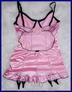 Vintage SHINY Full Dress SLIP Garter Second Skin SATIN Stretch BRA Pink L 38-40