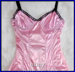 Vintage SHINY Full Dress SLIP Garter Second Skin SATIN Stretch BRA Pink L 38-40