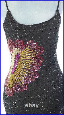Vintage Serenade Black Fully Beaded Floral Slip Maxi Silk Dress UK 10 Sequin