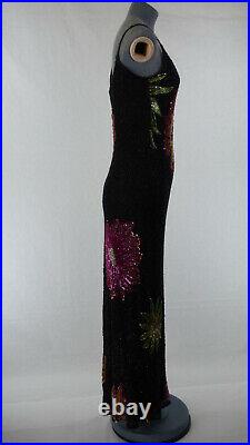 Vintage Serenade Black Fully Beaded Floral Slip Maxi Silk Dress UK 10 Sequin