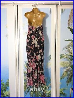 Vintage Silk Chiffon Y2K Slip Dress Bias Cut UK 16 Floaty Black Floral Cowl Neck