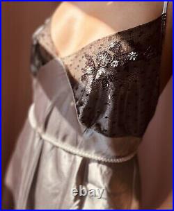 Vintage Silver Satin + Black Lace Slip Dress