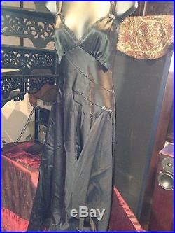 Vintage Size 18 Gothic Black Beaded Crepe Flapper Slip Evening Dress