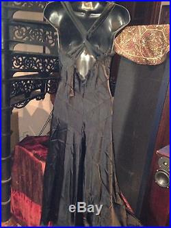 Vintage Size 18 Gothic Black Beaded Crepe Flapper Slip Evening Dress