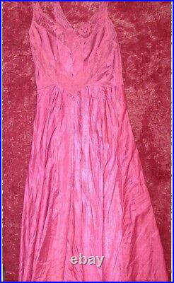 Vintage Slip Night Gown Dress Pink Cranberry Thin Lace Feminine Pretty Long