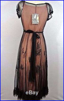 Vintage Style Black Lace Dress M NATAYA Formal Tie back with Pink Slip