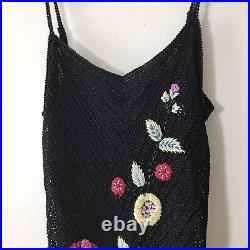 Vintage Sue Wong Crochet Floral Embroidered Fringe Maxi Slip Scarf Dress Medium