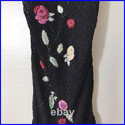Vintage Sue Wong Crochet Floral Embroidered Fringe Maxi Slip Scarf Dress Medium