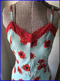 Vintage Sz Small Betsey Johnson Slip Dress Robins Egg Blue Poppy Print Red Lace
