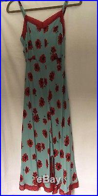 Vintage Sz Small Betsey Johnson Slip Dress Robins Egg Blue Poppy Print Red Lace
