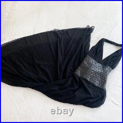 Vintage Tadashi Genuine Leather Black Corset Halter Maxi Slip Dress Gown
