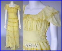Vintage VTG 40s Yellow Chiffon Sheer Gown Puff Sleeves Belted Tiered Slip S/M