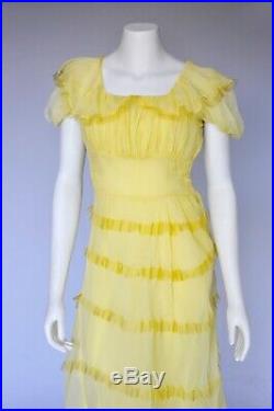 Vintage VTG 40s Yellow Chiffon Sheer Gown Puff Sleeves Belted Tiered Slip S/M
