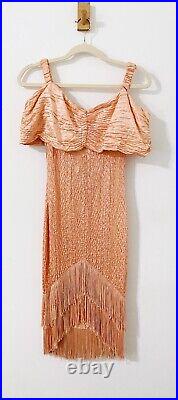 Vintage VTG Made in NYC 4-U Coral Fringe Flapper Midi Dress Size Medium Stretch