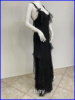 Vintage Valentino Black Silk Chiffon Long Dress Slip Dress Cascading Ruffles 8