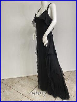Vintage Valentino Black Silk Chiffon Long Dress Slip Dress Cascading Ruffles 8