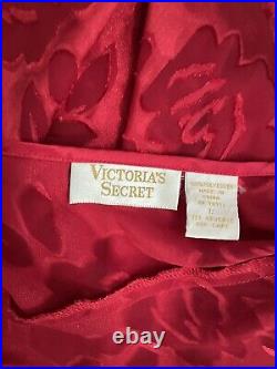 Vintage Victoria's Secred Red Satin Lace Burnout Floral Rose Slit Slip Dress L