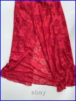 Vintage Victoria's Secred Red Satin Lace Burnout Floral Rose Slit Slip Dress L