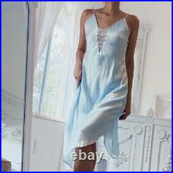 Vintage Victoria's Secret Baby Blue Liquid Satin Lace Slip Dress Small