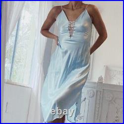 Vintage Victoria's Secret Baby Blue Liquid Satin Lace Slip Dress Small