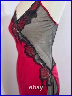 Vintage Victoria's Secret Slip Silk Maxi Dress Red Black Y2K Sm