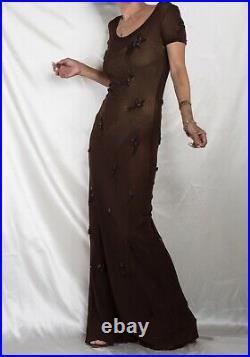 Vintage Vivienne Tam Chocolate Brown Floral Applique Nylon Dress- Size 2