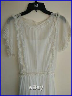 Vintage Wedding Dress Lace w Matching Slip 100% Superfine Cotton Off White Sz XS