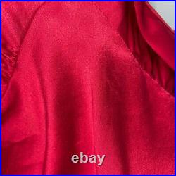 Vintage Womens Red Silk Bias Cut Slip Maxi Dress V Neck Back Side Splits