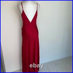 Vintage Womens Red Silk Bias Cut Slip Maxi Dress V Neck Back Side Splits
