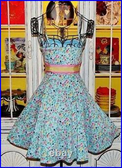 Vintage Y2K Betsey Johnson Dress Floral Blue Strapless FIT & FLARE Size 2 Small