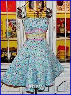 Vintage Y2K Betsey Johnson Dress Floral Blue Strapless FIT & FLARE Size 2 Small